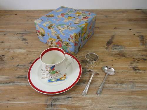 Vintage rare Peggy Gibbons Boxed Childrens meal set, porcelain and silver plated, mint