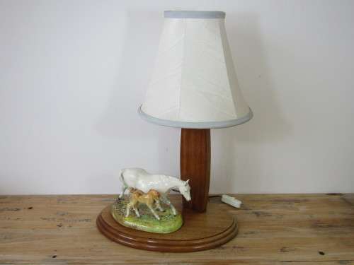 Vintage Royal Doulton figurine of a Mare and Filly mounted on a Mahogany Table Lamp, excellent cond.
