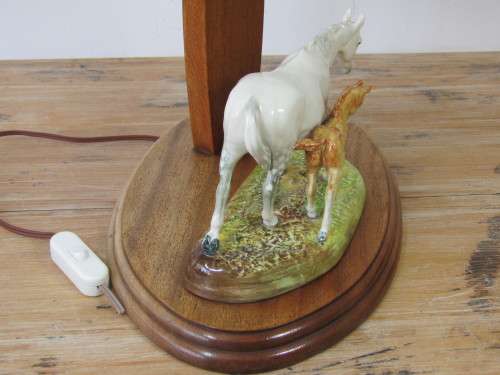 Vintage Royal Doulton figurine of a Mare and Filly mounted on a Mahogany Table Lamp, excellent cond.