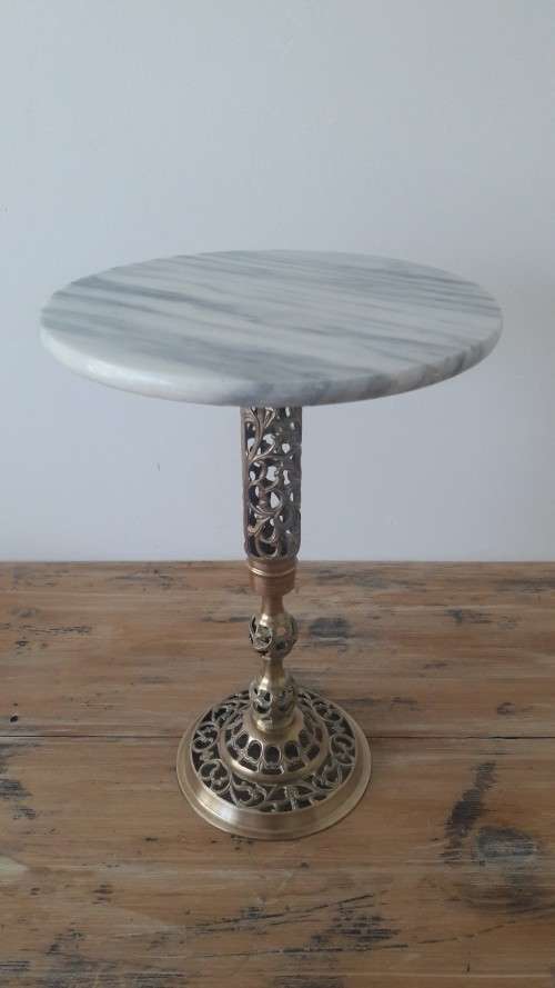 Vintage Marble top with solid Brass pedestal base side table, 43cm