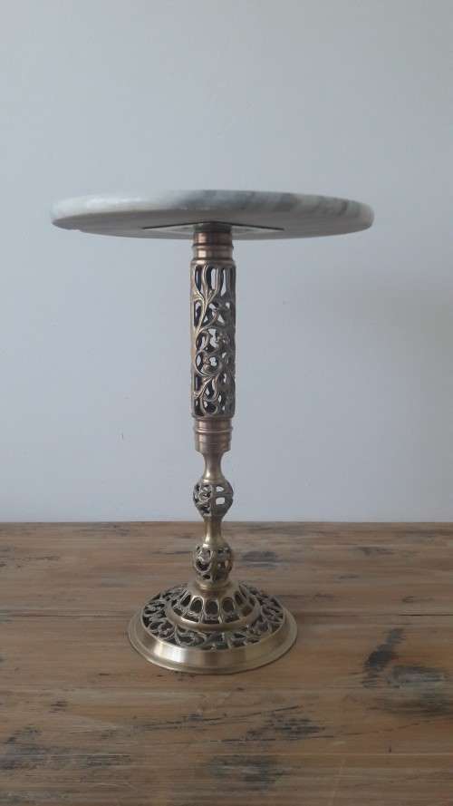 Vintage Marble top with solid Brass pedestal base side table, 43cm