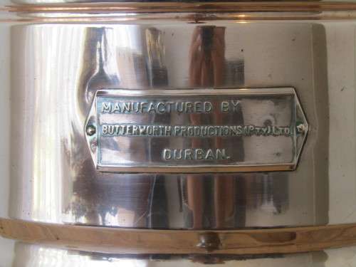 Copper and brass Urn, Butterworth productions, Durban, 40cm