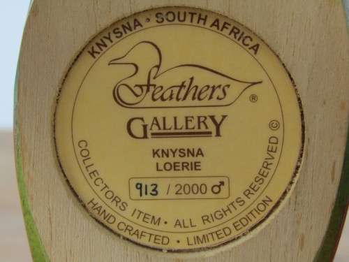 Vintage Feathers Gallery original, Knysna, Loerie, hand crafted collectors edition