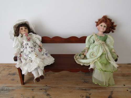 2 x Vintage porcelain Dolls with wooden Bench, 40cm dolls and 54cm bench.