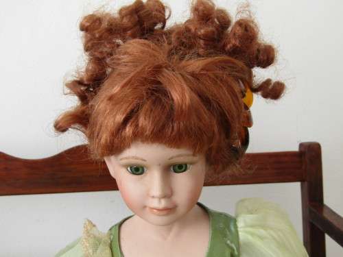 2 x Vintage porcelain Dolls with wooden Bench, 40cm dolls and 54cm bench.