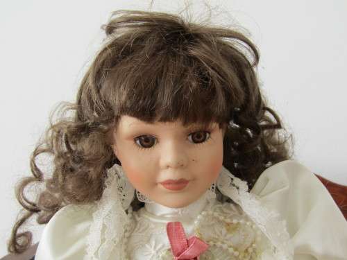 2 x Vintage porcelain Dolls with wooden Bench, 40cm dolls and 54cm bench.