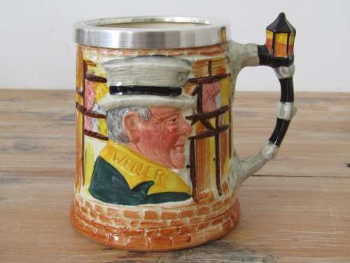 Vintage Lancaster Sandland toby charater Mug with silverplated rim, Weller and Sairey, 12cm deep