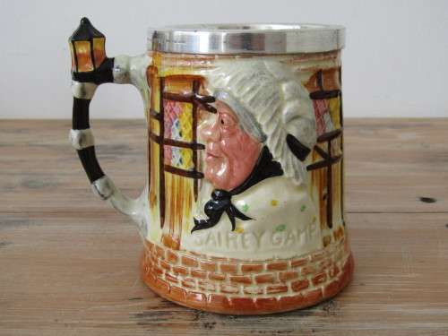 Vintage Lancaster Sandland toby charater Mug with silverplated rim, Weller and Sairey, 12cm deep