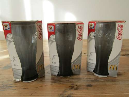 Original Coca Cola charcoal contour Glass, Fifa 2010 SA, mint in box, 3 in the lot