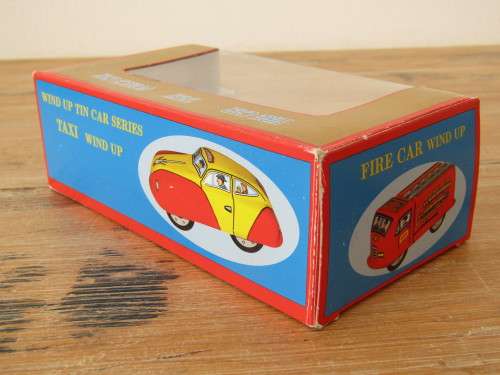 Boxed set of 3 vintage wind up tin Cars, Fire car, Taxi and Police car with winding keys mint in box