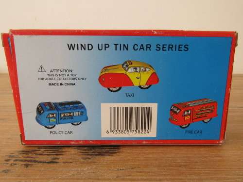 Boxed set of 3 vintage wind up tin Cars, Fire car, Taxi and Police car with winding keys mint in box
