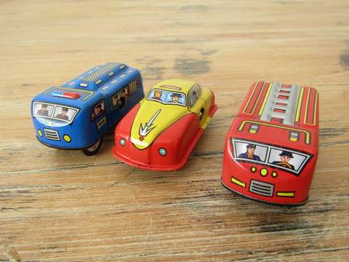 Boxed set of 3 vintage wind up tin Cars, Fire car, Taxi and Police car with winding keys mint in box