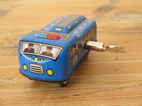 Boxed set of 3 vintage wind up tin Cars, Fire car, Taxi and Police car with winding keys mint in box