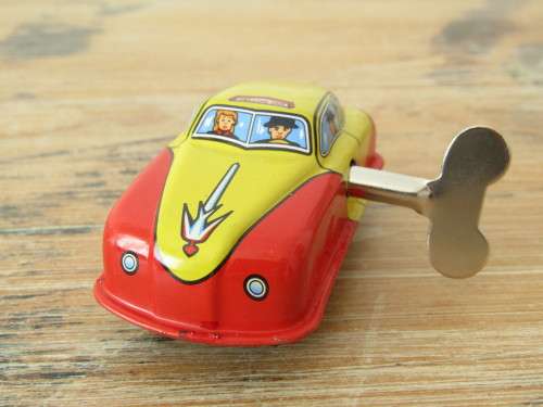 Boxed set of 3 vintage wind up tin Cars, Fire car, Taxi and Police car with winding keys mint in box