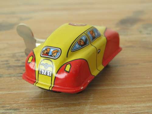 Boxed set of 3 vintage wind up tin Cars, Fire car, Taxi and Police car with winding keys mint in box