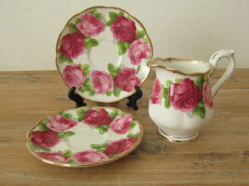 Vintage Royal Albert crown China Milk jug and 2 x saucers, 3 items in the lot, red and black stamps