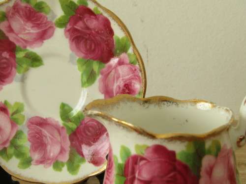 Vintage Royal Albert crown China Milk jug and 2 x saucers, 3 items in the lot, red and black stamps