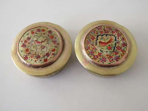2 x Vintage solid brass hand decorated lidded containers, 55mm diameter