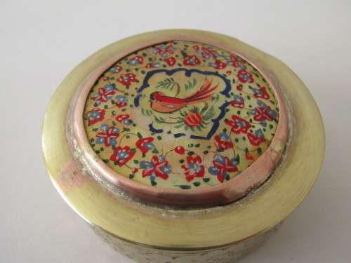 2 x Vintage solid brass hand decorated lidded containers, 55mm diameter