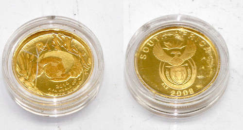 2008 1/10 oz 24ct Gold R1 proof coin in capsule, 2010 Fifa, mint and unused condition