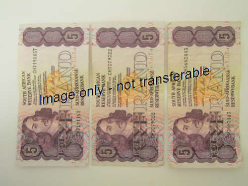Lot of 3 South African R5 bank notes, CL Stals