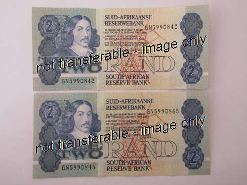 Lot of 2 South African R2 bank notes, Gerhard de Kock. With consecutive numbers, uncirculated