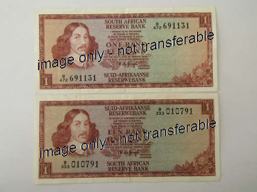 Lot of 2 South African R1 bank notes, TW de Jongh, B series. Near mint, many others available