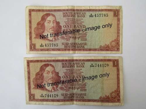 Lot of 2 South African R1 bank notes, TW de Jongh, A series *No reserve auction Now On at Port no.5*