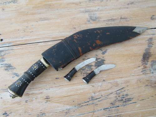 Antique Nepalese Kukri Dagger with Bone Handle, brass Lion motif, Scabbard and knife Sharpners, 40cm