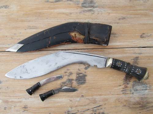 Antique Nepalese Kukri Dagger with Bone Handle, brass Lion motif, Scabbard and knife Sharpners, 40cm
