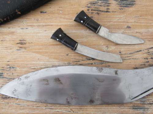 Antique Nepalese Kukri Dagger with Bone Handle, brass Lion motif, Scabbard and knife Sharpners, 40cm