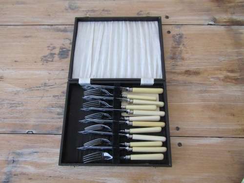 Vintage 6 place boxed Bone handle Fish fork and knife Set, Chrome plate on Nickel Silver, 12 piece