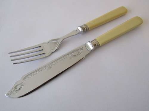 Vintage 6 place boxed Bone handle Fish fork and knife Set, Chrome plate on Nickel Silver, 12 piece