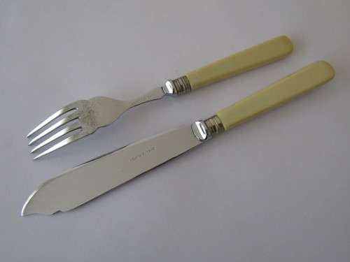 Vintage 6 place boxed Bone handle Fish fork and knife Set, Chrome plate on Nickel Silver, 12 piece