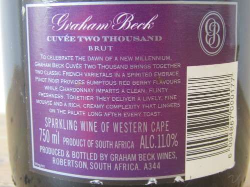 Vintage MCC Sparkling Wine, 2000 Graham Beck Cuvee two thousand Brut 750ml, 11%, excellent condition
