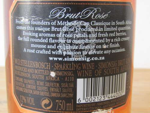 Vintage MCC Sparkling Wine, Simonsig Brut Rose, 750ml, 12%, excellent condition
