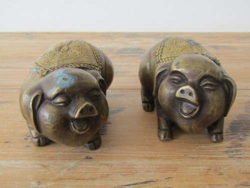 Antique pair of Chinese solid Bronze Fenshui Pigs, Luck, Good fortune and Wealth *Reduced Price*