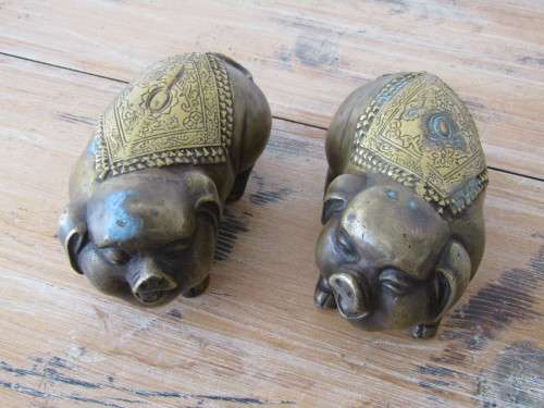 Antique pair of Chinese solid Bronze Fenshui Pigs, Luck, Good fortune and Wealth *Reduced Price*