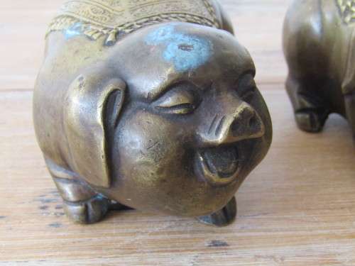 Antique pair of Chinese solid Bronze Fenshui Pigs, Luck, Good fortune and Wealth *Reduced Price*