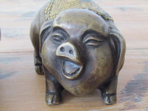 Antique pair of Chinese solid Bronze Fenshui Pigs, Luck, Good fortune and Wealth *Reduced Price*