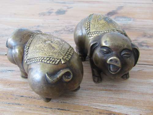 Antique pair of Chinese solid Bronze Fenshui Pigs, Luck, Good fortune and Wealth *Reduced Price*