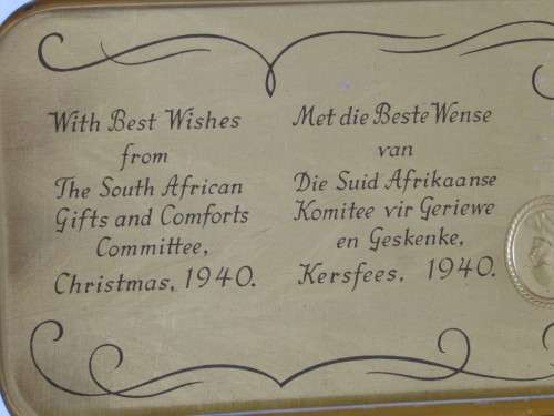 Vintage 1940 WW2 Christmas chocolate Tin, 18cm x 11cm x 3cm, Greetings from South Africa
