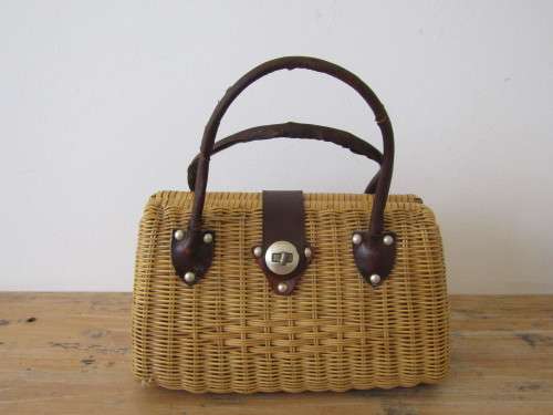 Vintage Wicker and Leather Hand bag, 30cm x 18cm x 11cm