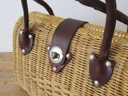 Vintage Wicker and Leather Hand bag, 30cm x 18cm x 11cm