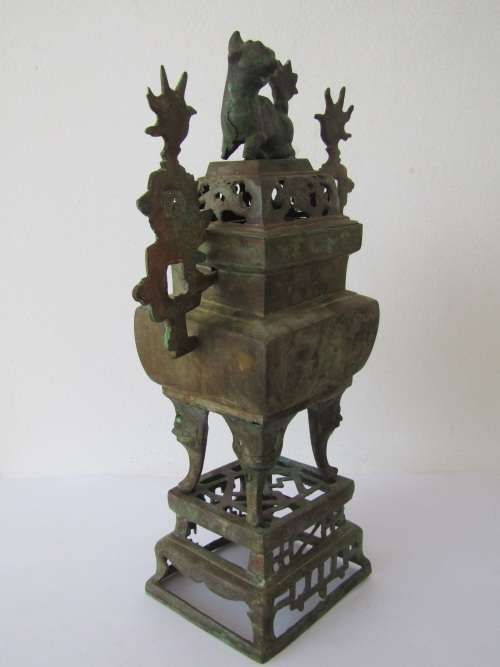 Antique original solid Bronze Oriental Incence burner with Foo Dog detail, large 41cmcm