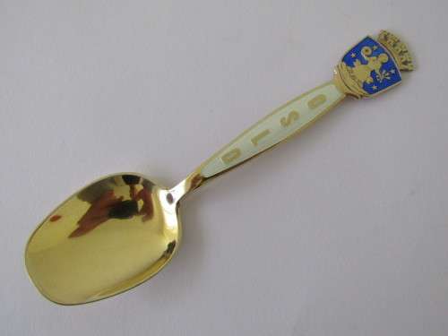 Vintage gold plated solid Silver and enamel Spoon "OSLO", 12cm, 22 grams (Value R250+)