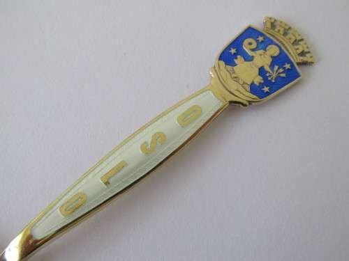 Vintage gold plated solid Silver and enamel Spoon "OSLO", 12cm, 22 grams (Value R250+)