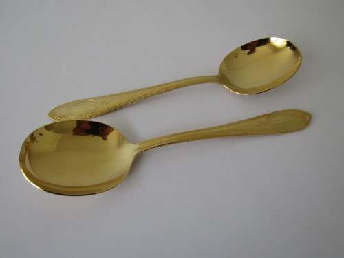 Vintage 2 piece large Serving Spoon Set, Solingen 23/24 Ct, Gold plated, Hartvergoldet, Germany