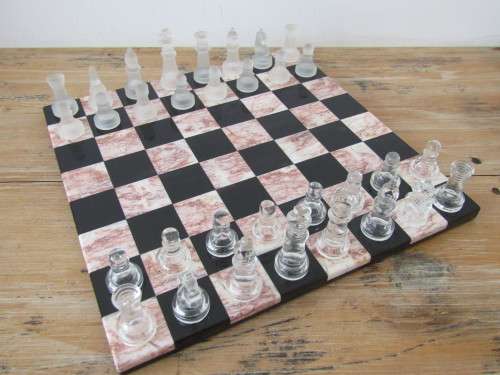 Complete vintage Marble and Glass Chess Set, board 36cm x 36cm, excellent condition