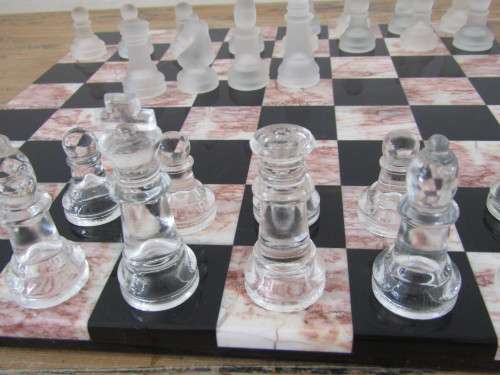 Complete vintage Marble and Glass Chess Set, board 36cm x 36cm, excellent condition